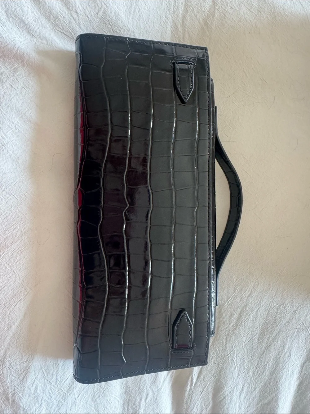 Veronica M Black Croc-Embossed Patent Leather Clutch with Gold Hardware